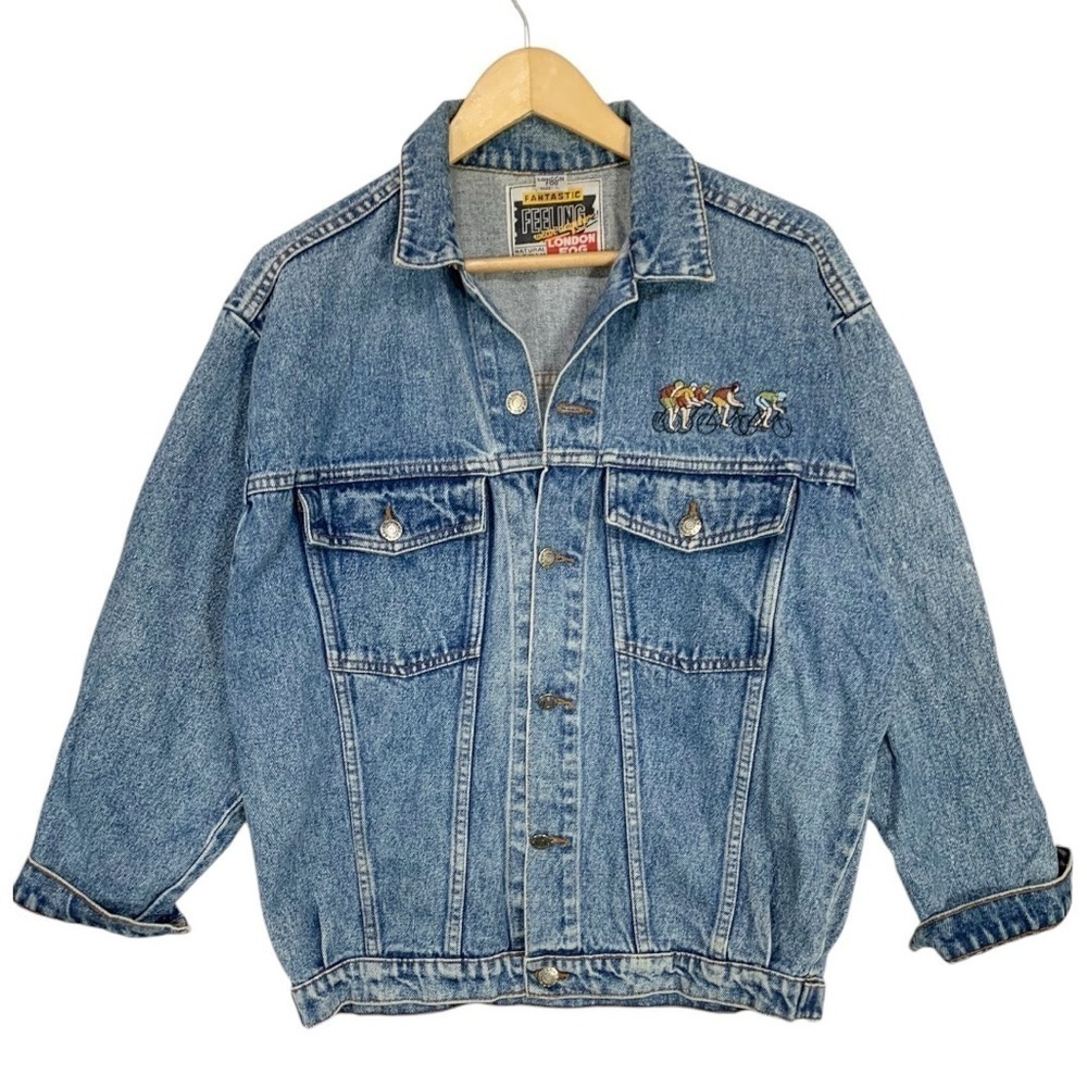 Vintage London Fog Bicycle Embroidered Denim Trucker Jean Jacket Size Large
